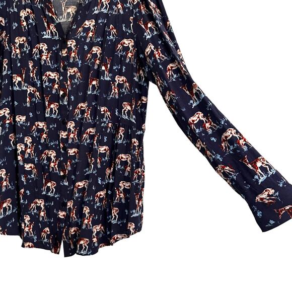 Modcloth Trusty Travel Deer Print Button Down Back Peplum Shirt V-neck XL Blue - Picture 4 of 9